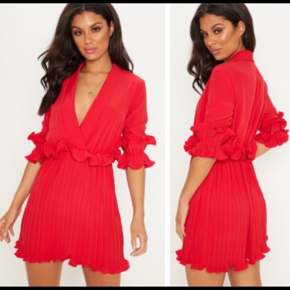 PrettyLittleThing Frill Red Skater Dress - Picture 1 of 9